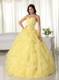 Yellow Sweetheart Organza Quince Dress Appliques and Layered Ruffles