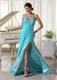 Beaded One Shoulder Turquoise Blue Celebrity Dresses With High Slit