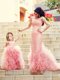 Exclusive Column Long Sleeves Evening Dress with Brush Train and Affordable Ruffled and Laced Little Girl Dress in Watermelon Red