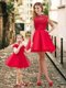 Feminine High Neck Backless Evening Dress in Red and Beautiful Mini Length Little Girl Dress with Cap Sleeves