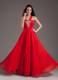 Red Empire One Shoulder Floor-length Chiffon Beaded Prom Gown