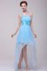 Light Blue One Shoulder High-low Beaded Decorate Evening Dress for Girls