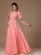 Watermelon Pink Floor-length Prom Dress with Beading and One Short Sleeve