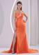 Asymmetrical Brush Train Orange Dresses for Prom with Appliques and Ruches