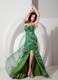 High Slit and Ruches Decorate Green Chiffon Prom Dress with Peacock Print