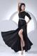 Beaded Decorate Waist High Slit Black One Shoulder Evening Dress