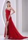 Wine Red High Slit Beaded Decorate One Shoulder and Hip Column Chiffon Prom / Evening Dress For Formal Evening Brush Train