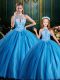 Halter Top Baby Blue Ball Gowns Tulle High-neck Sleeveless Beading and Appliques Floor Length Lace Up Ball Gown Prom Dress