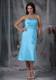 Aqua Blue Column Strapless Tea-length Taffeta Ruche Bridemaid Dress