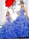 Straps Beading and Ruffles and Pick Ups Quinceanera Gowns Blue Lace Up Sleeveless Floor Length