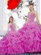 Straps Floor Length Lace Up Quinceanera Gowns Fuchsia for Military Ball and Sweet 16 and Quinceanera with Beading and Ruffles and Pick Ups