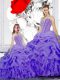 Beauteous Lavender Lace Up Straps Beading and Ruffles and Pick Ups Vestidos de Quinceanera Organza Sleeveless