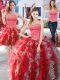 Elegant Three Piece Sleeveless Floor Length Beading Lace Up Vestidos de Quinceanera with White and Red