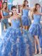 Sumptuous Four Piece Floor Length Ball Gowns Sleeveless Blue And White Quinceanera Dresses Lace Up