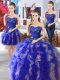 High Class Three Piece Sweetheart Sleeveless Lace Up Quince Ball Gowns Blue Organza