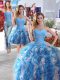 Colorful Three Piece Blue And White Organza Lace Up Sweetheart Sleeveless Floor Length Ball Gown Prom Dress Beading