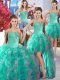 Four Piece Sleeveless Organza Floor Length Lace Up 15 Quinceanera Dress in White and Turquoise with Beading