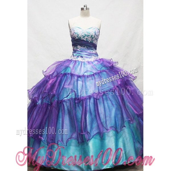 Sweetheart Blue and Purple Organza Quinceanera Gowns with Appliques