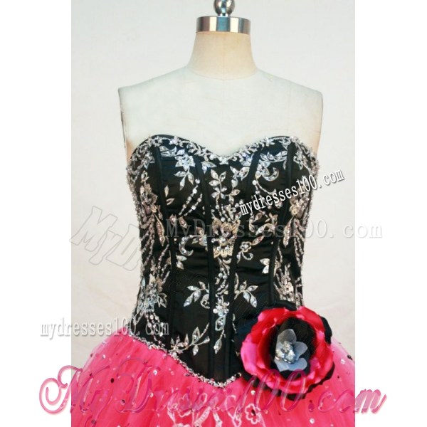 Black and Hot Pink Dress with Silver Embellishments for Quinceanera Party