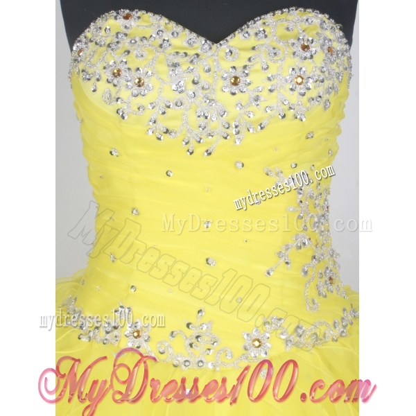 Latest Bright Yellow and Auqa Blue Organza Ruffled Quince Dress