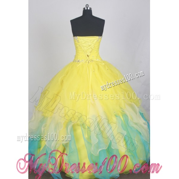 Latest Bright Yellow and Auqa Blue Organza Ruffled Quince Dress