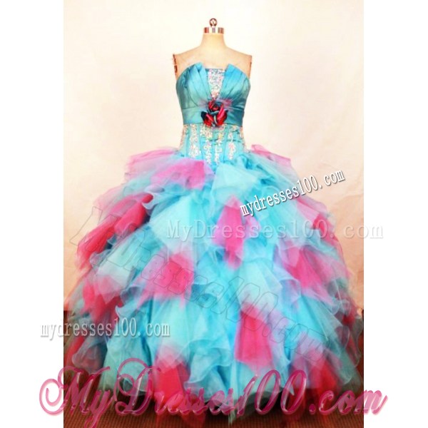 Best Seller Blue and Red Ruffles Quinceanera Dress with Handle Flower