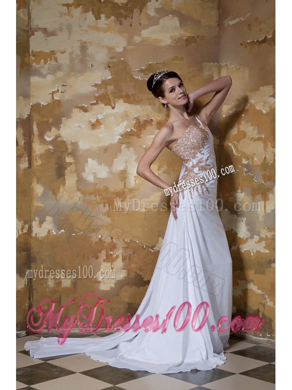 Simple Column One Shoulder Brush Train Beaded Wedding Dresses