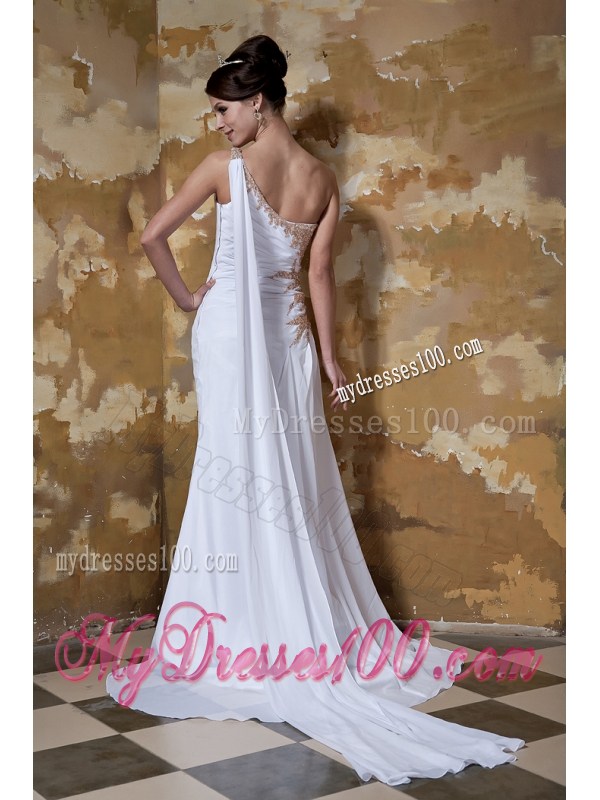 Simple Column One Shoulder Brush Train Beaded Wedding Dresses
