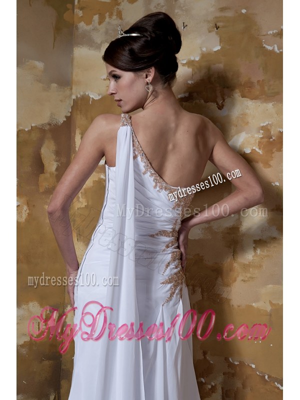 Simple Column One Shoulder Brush Train Beaded Wedding Dresses