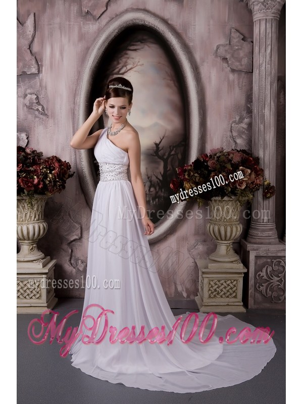 Customize Empire One Shoulder Court Train Beading Wedding Dresses