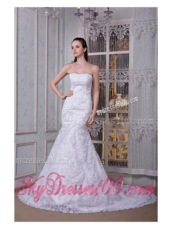 Clasp Handle Lace Flowers Mermaid Bridal Dresses with Court Train