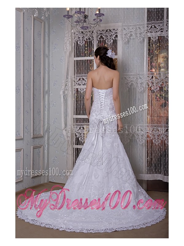 Clasp Handle Lace Flowers Mermaid Bridal Dresses with Court Train