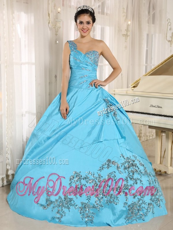 Beaded Floor-length Baby Blue Quinceanera Gowns of One Shoulder
