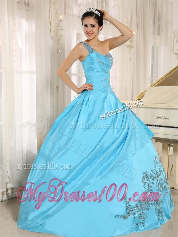 Beaded Floor-length Baby Blue Quinceanera Gowns of One Shoulder