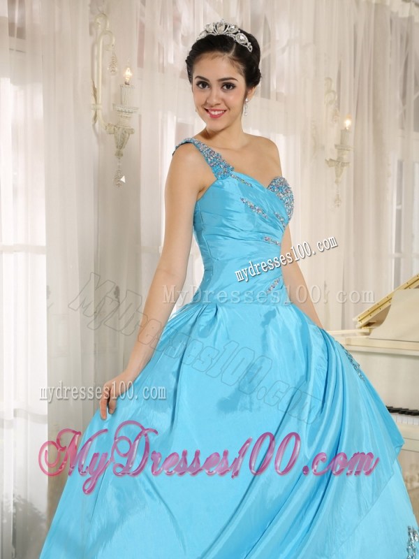 Beaded Floor-length Baby Blue Quinceanera Gowns of One Shoulder
