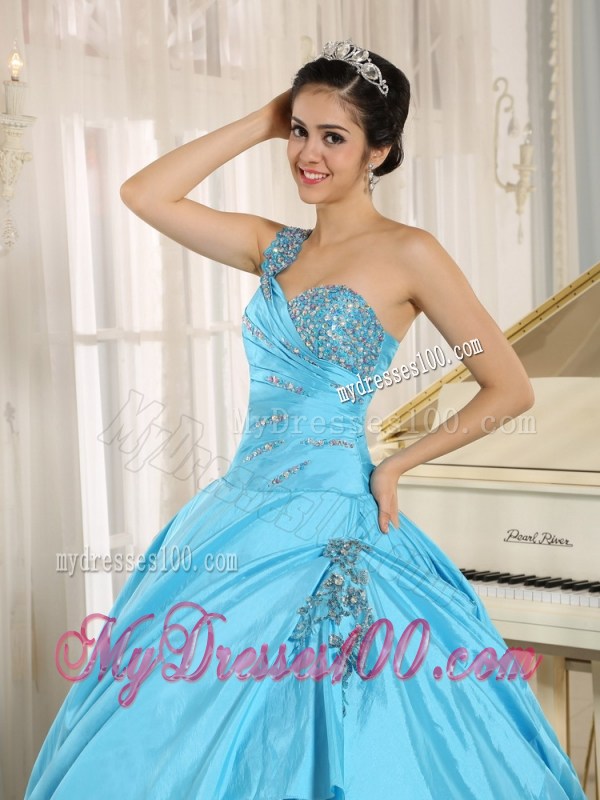 Beaded Floor-length Baby Blue Quinceanera Gowns of One Shoulder