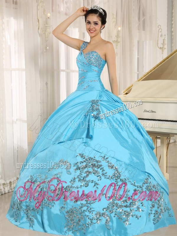 Beaded Floor-length Baby Blue Quinceanera Gowns of One Shoulder