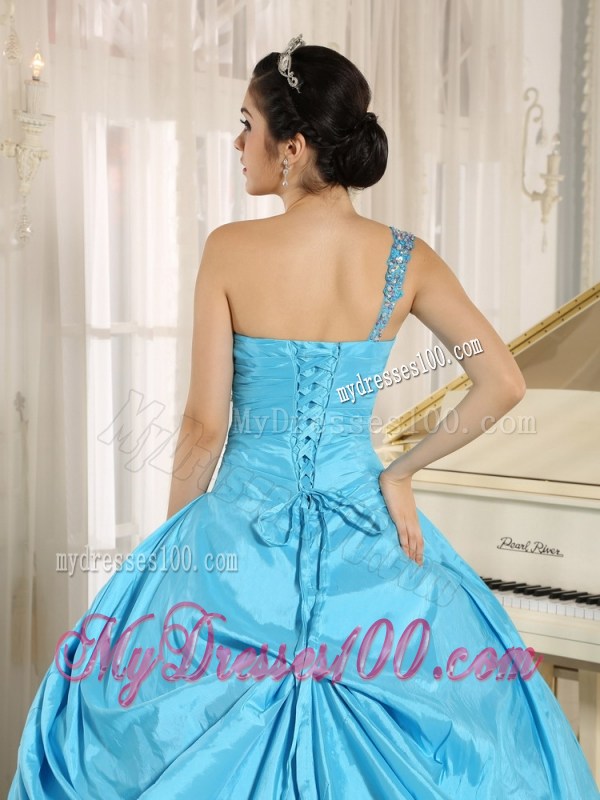 Beaded Floor-length Baby Blue Quinceanera Gowns of One Shoulder