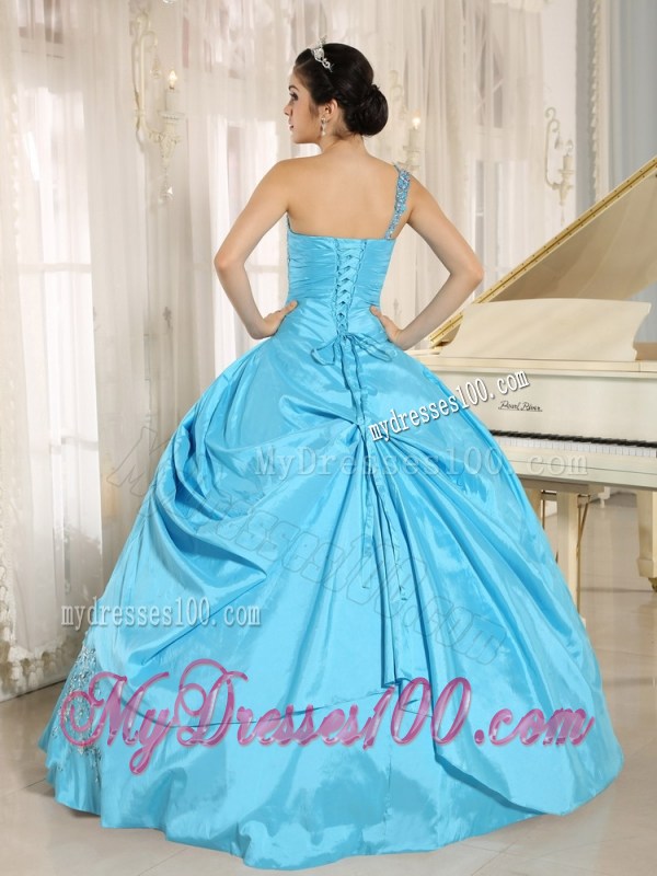 Beaded Floor-length Baby Blue Quinceanera Gowns of One Shoulder