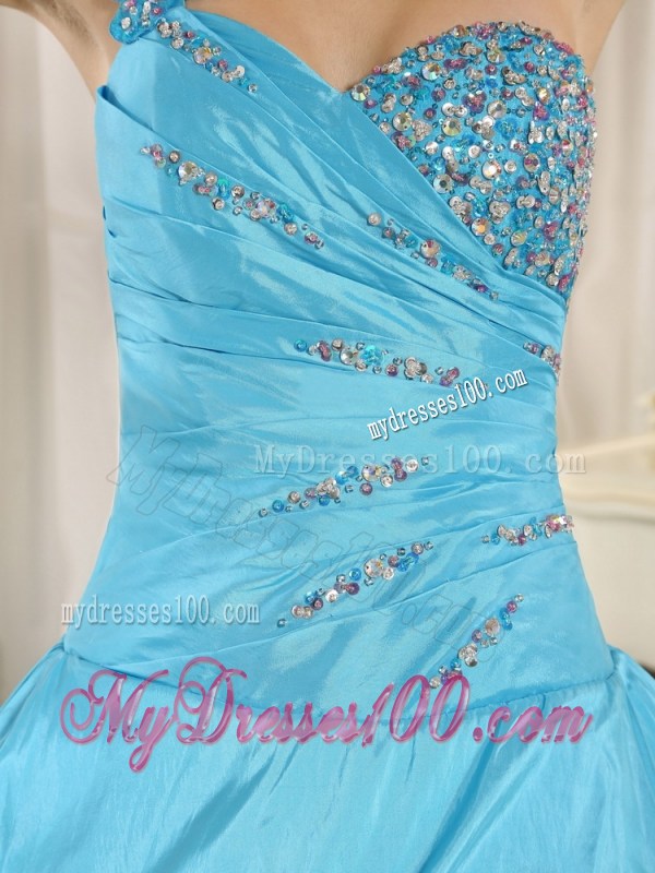 Beaded Floor-length Baby Blue Quinceanera Gowns of One Shoulder