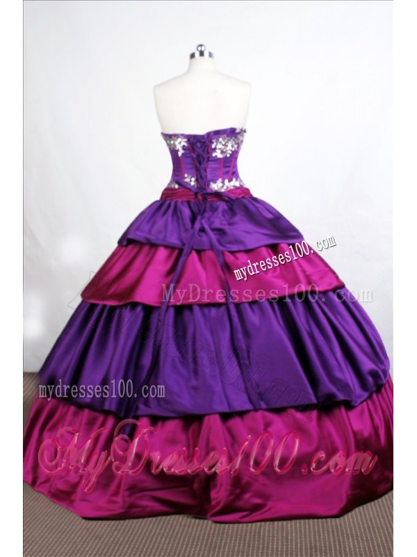 Purple and Hot Pink Sweetheart Appliques Quinceanera Gown