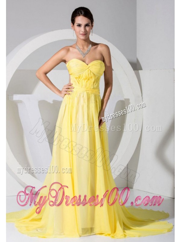 Yellow Sweetheart Neckline Brush Train Homecoming Dress 2013