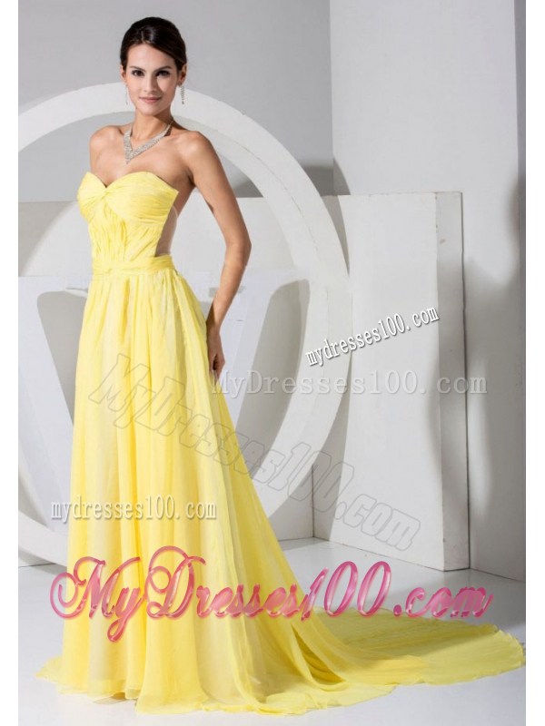 Yellow Sweetheart Neckline Brush Train Homecoming Dress 2013