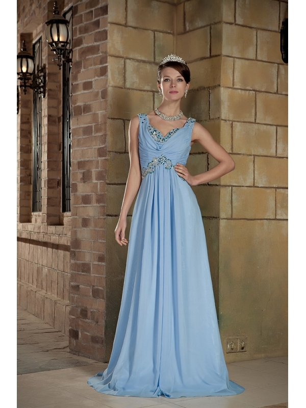 V-neck Light Blue Chiffon Prom Gown with Beading