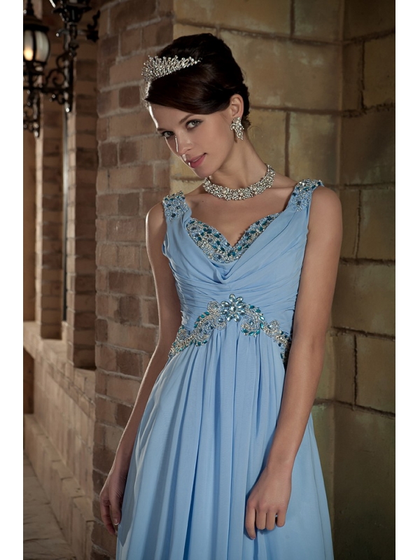 V-neck Light Blue Chiffon Prom Gown with Beading