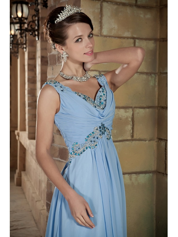 V-neck Light Blue Chiffon Prom Gown with Beading