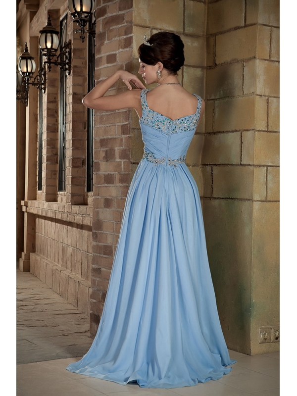 V-neck Light Blue Chiffon Prom Gown with Beading