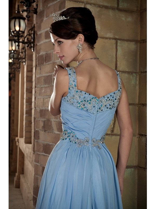 V-neck Light Blue Chiffon Prom Gown with Beading
