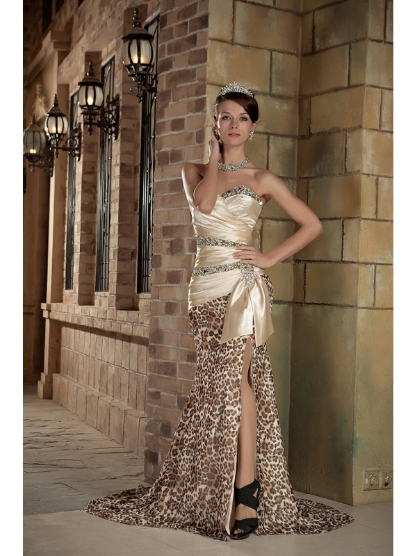 Beading and Leopard Print on Champagne Prom Gown