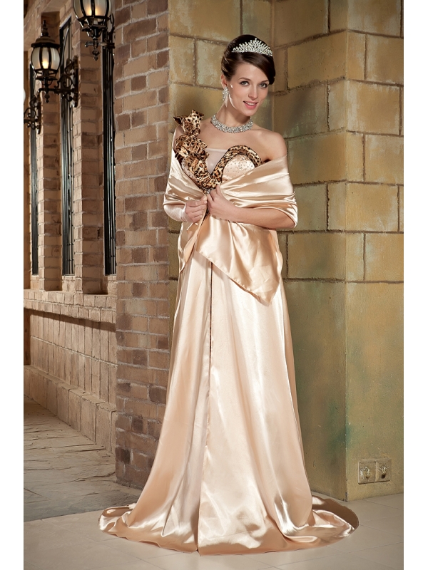 One Shoulder Champagne Brush Prom Gown with Print